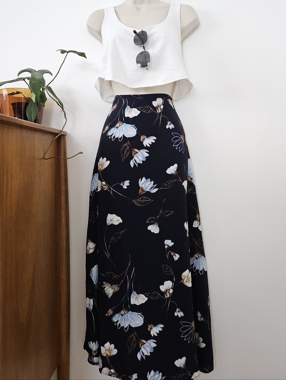 vintage navy floral 90s y2k grunge boho grunge urban cottage midi maxi skirt